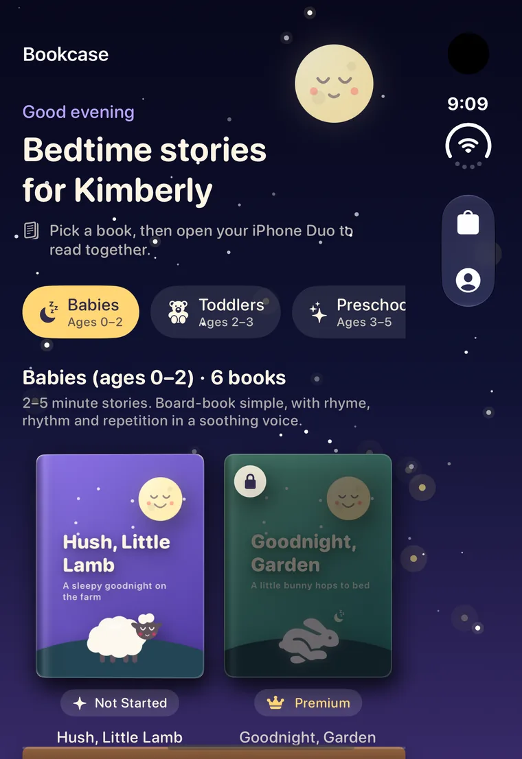 The Bookcase screen showing 'Bedtime stories for Kimberly' with books for Babies, ages 0 to 2