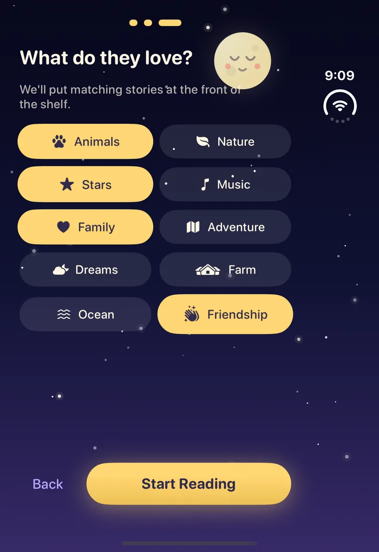 Setup screen asking 'What do they love?' with Animals, Stars, Family and Friendship selected
