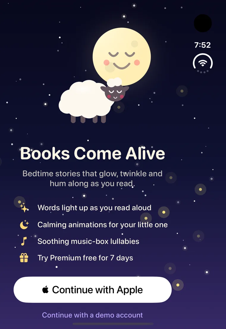 Books Come Alive welcome screen with a smiling moon and sleepy lamb